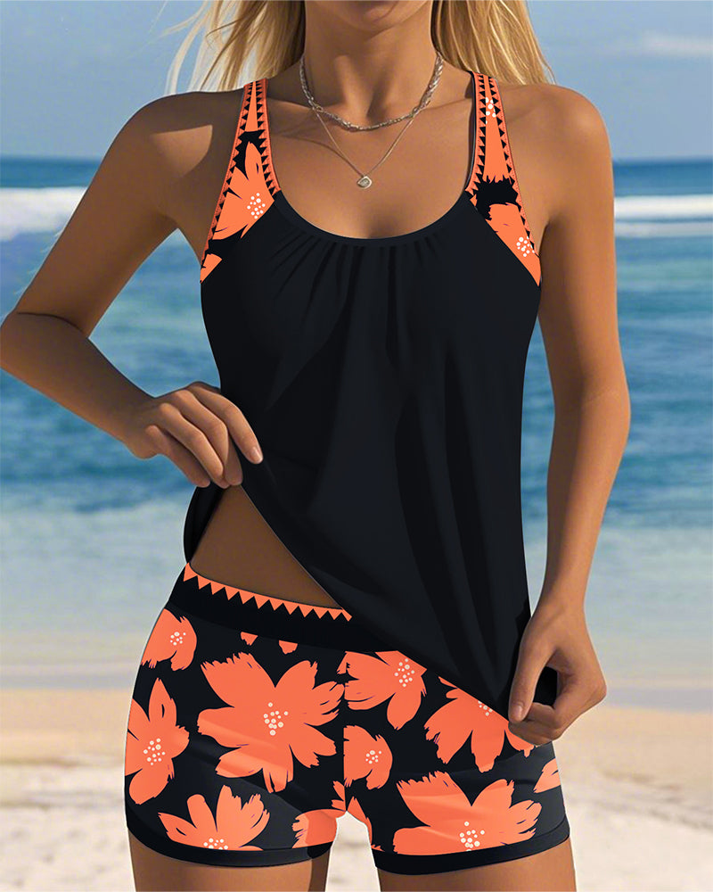 Violet - U-Neck Sleeveless Printed Tankini