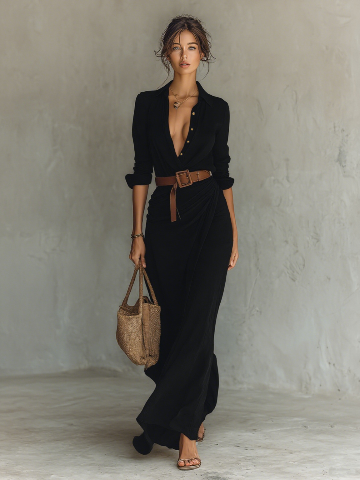 Matilda – Long Maxi Dress with Lapel Collar and Belt