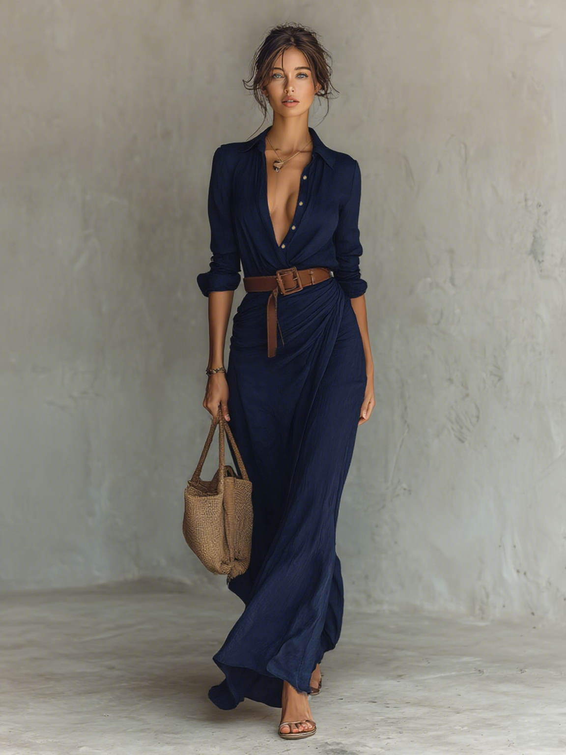 Matilda – Long Maxi Dress with Lapel Collar and Belt