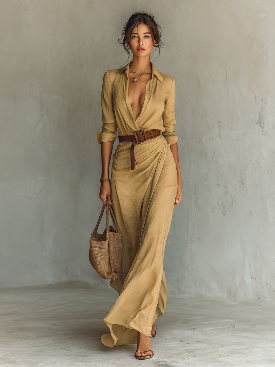 Matilda – Long Maxi Dress with Lapel Collar and Belt