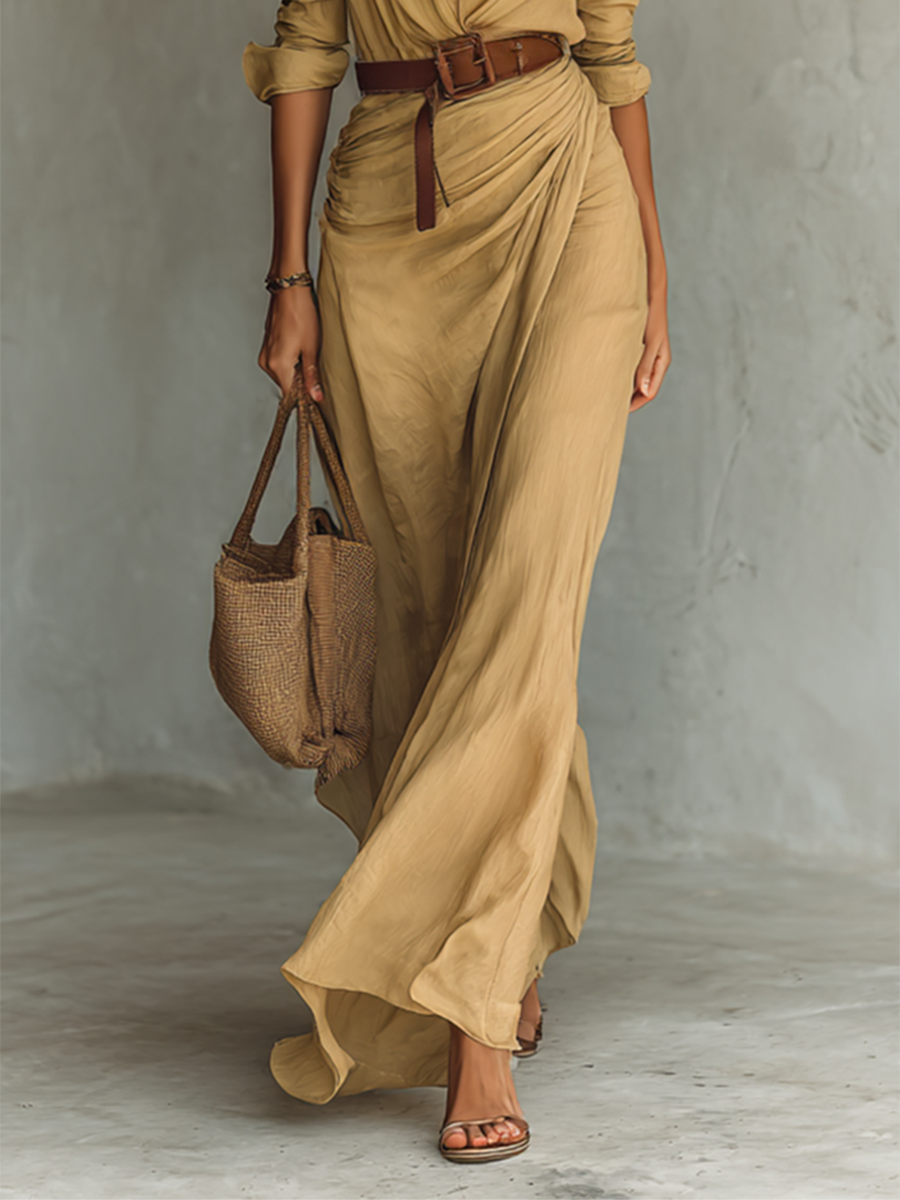 Matilda – Long Maxi Dress with Lapel Collar and Belt