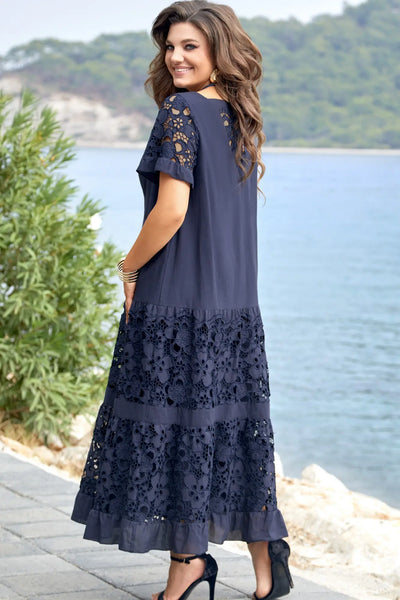 Serène | Navy Blue Lace Maxi Dress