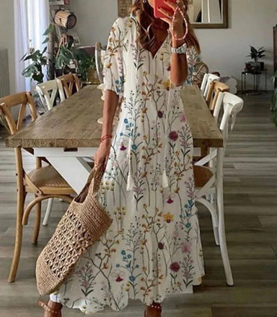 Dianna | Boho Vintage V-Neck Printed Dress